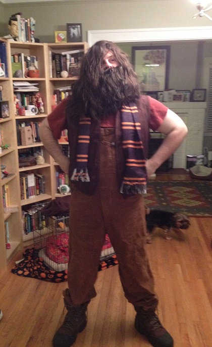 Originally, I was supposed to be playing Hagrid in the hallway, but I ended up as a Death Eater the whole time. Here was the Hagrid costume I'd thrown together just in case...